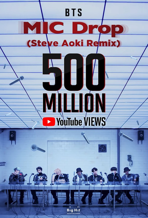 人气男团防弹少年团《MIC Drop（Steve Aoki Remix）》MV点击量突破5亿